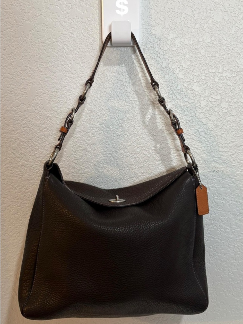 Coach Black Leather Shoulder Bag with Tan Tag